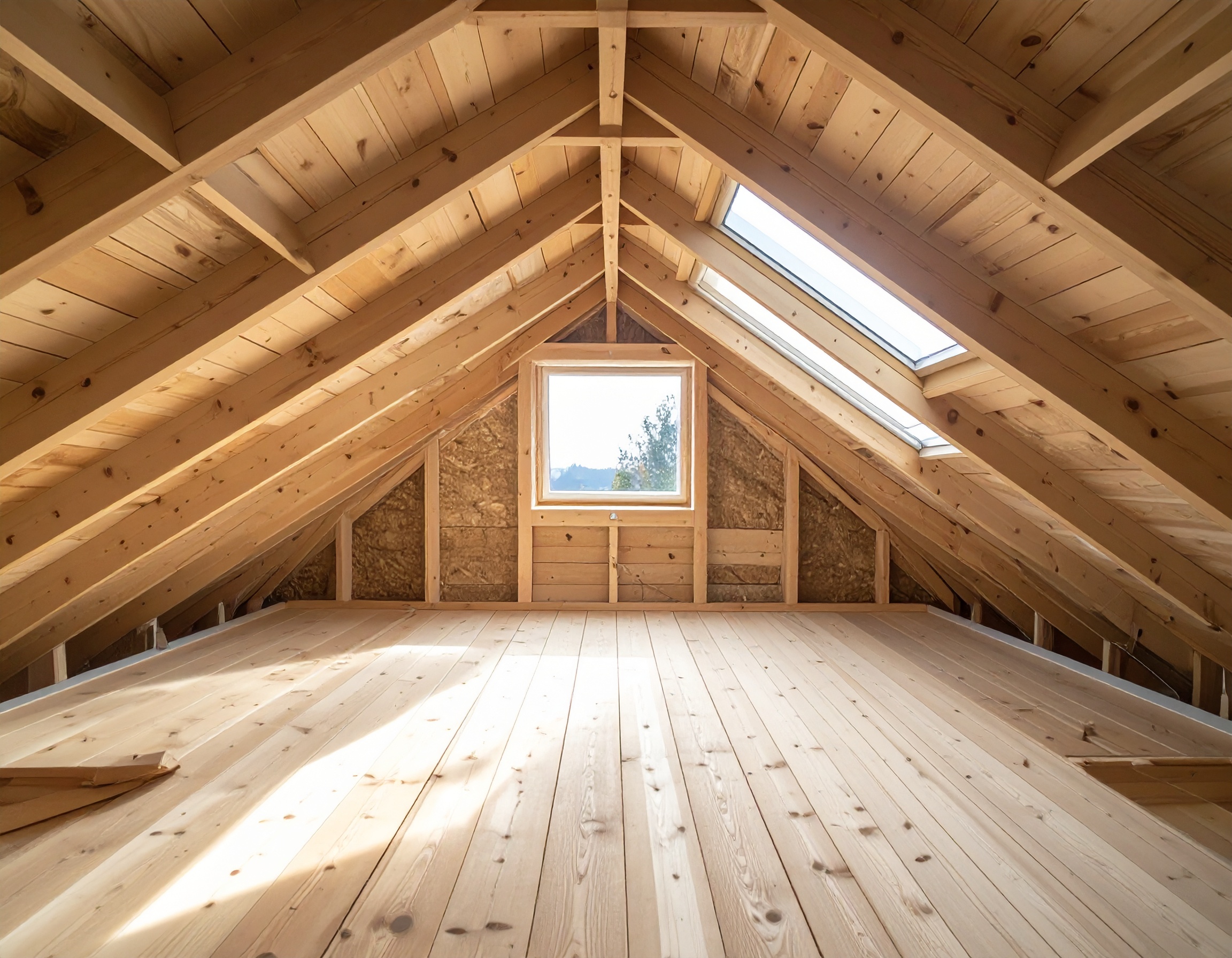 Wooden loft boards and planks installed